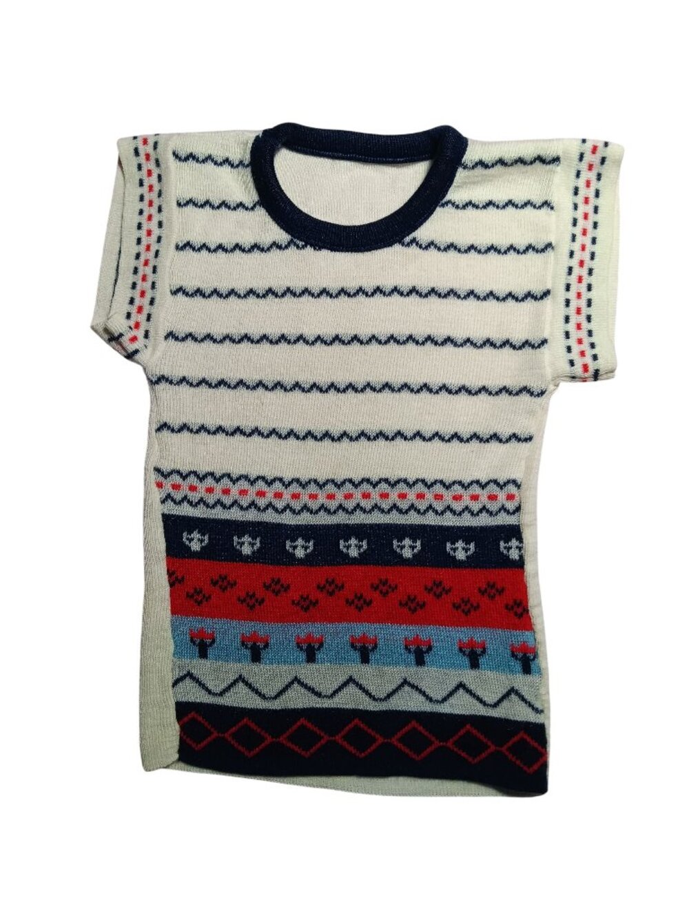 Vintage 70's Girls 4T Acrylic Knit T-shirt Top Scandinavian Pattern Boho Butter